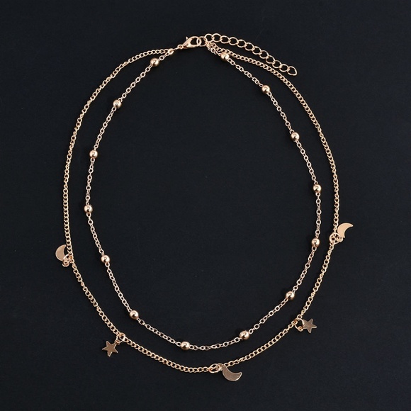 Moon & Stars Gold Layered Choker Bib Necklace - Picture 4 of 6